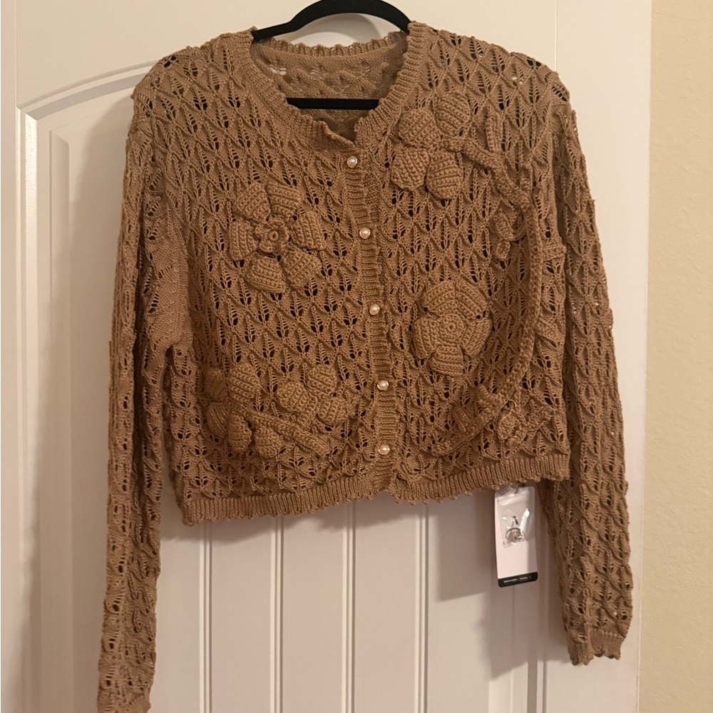 Openwork Crochet Cardigan Sweater in Tan